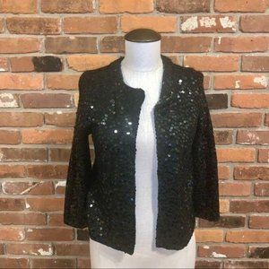 White House Black Market Black Sequin Sweater Open Face Jacket Size Small